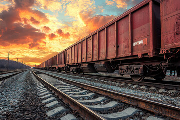 Fototapeta premium wagon of freight train with containers on the sky background