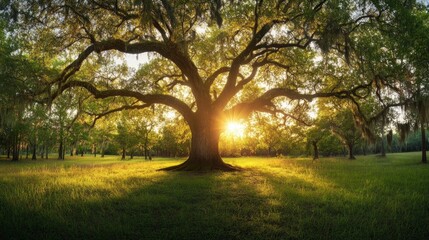 Obraz premium A large oak tree stands tall in a field as the sun sets behind it, casting long shadows across the green grass.