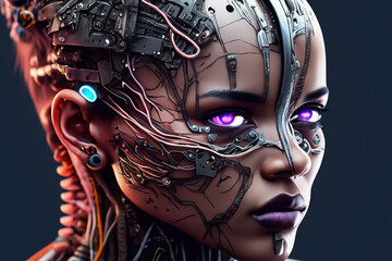 femme cyborg | avec un cerveau visible et détaillé | câbles musculaires | biopunk | cybernétique | cyberpunk 