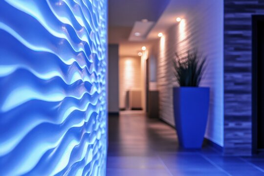 modern spa reception area with contemporary wave-textured feature wall and relaxing blue lighting for a luxurious wellness atmosphere