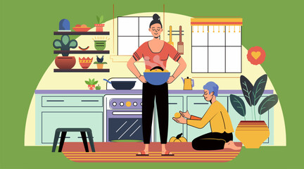 Healthy lifestyle kitchen scene two people cooking vegetables modern kitchen plants colorful decor