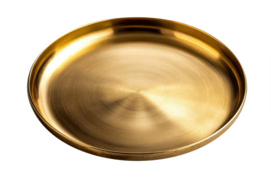 Golden brass round serving plate with a polished surface isolated on a white background, clipping path, cut out, PNG