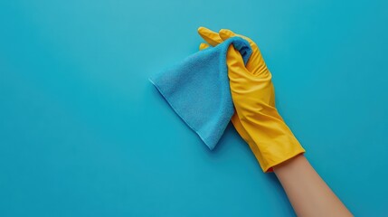 Flat lay photo of a hand in a yellow glove holding a blue rag on a light blue background, featuring ample space for text, perfect for cleaning concept and housecleaning service advertising.