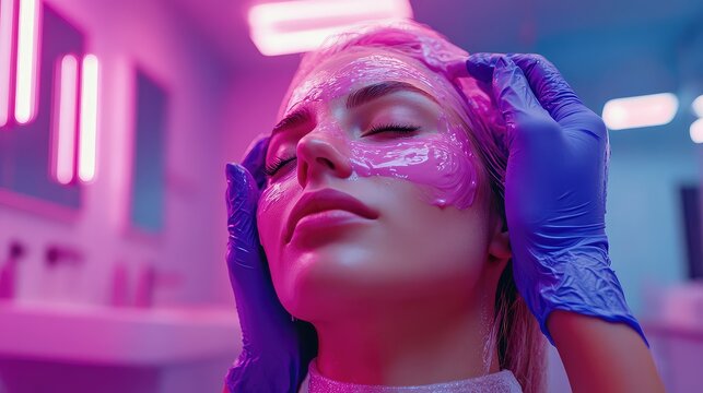 Professional hairdresser styling client's hair with color dye in a beauty salon, capturing the process with high-resolution detail and vibrant salon atmosphere.