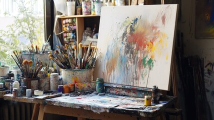 A vibrant artist's studio filled with paint supplies and a colorful canvas in progress