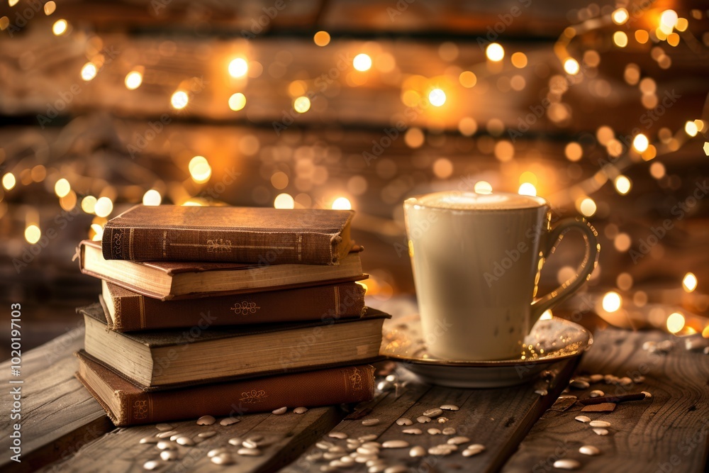 Aufkleber enjoy a warm cup of coffee alongside a stack of books, creating the perfect cozy atmosphere for read