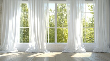Fototapeta premium White curtains flowing gently in the breeze through a large open window in a peaceful room.