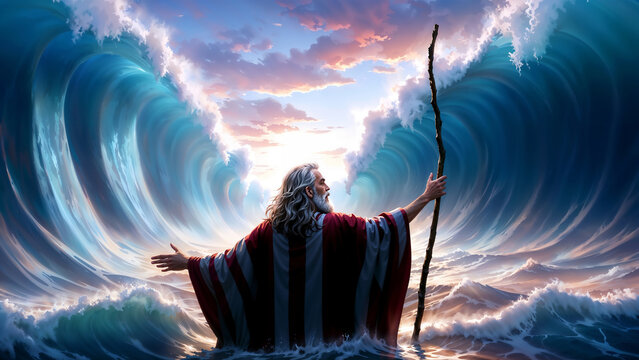 High detailed art illustration. Moses parting the red sea bible scene concept. Religious theme.