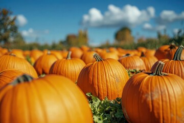 Autumn scene of pumpkins being gathered in a vibrant orange field, pumpkin harvest, fall season agriculture
