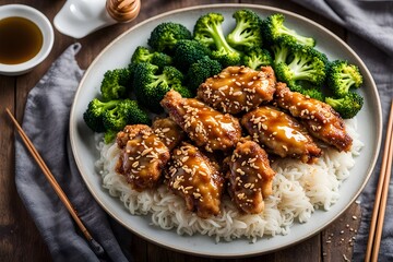 Fototapeta premium Golden crispy sesame chicken served with steamed broccoli and drizzled with honey glaze, Ai Generated