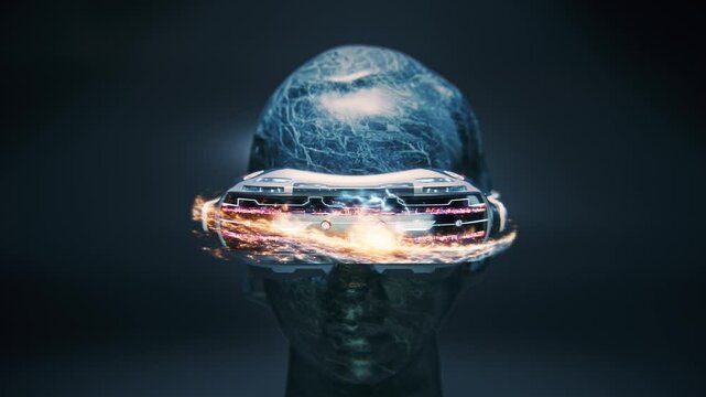 A close-up of the futuristic VR headset on a sculpture head, with holographic projections displaying data and visuals, against a dark background. 