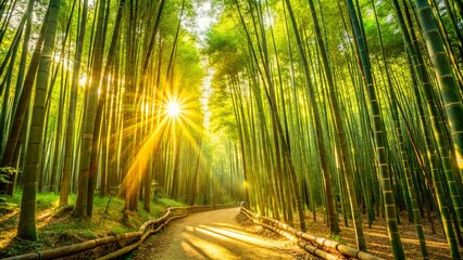 Sunbeams Filter Through a Dense Canopy of Bamboo, Illuminating a Path Leading Deep into the Serene Forest