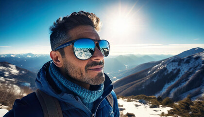 Mann mit Sonnenbrille mit Bergpanorama im Winter