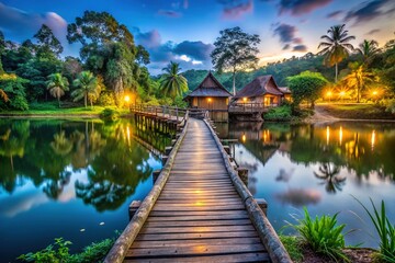 Fototapeta premium Scenic Lake and Wooden Bridge on Bolaven Plateau, Laos - Macro Photography of Nature's Beauty