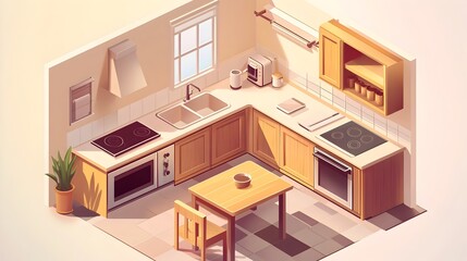 Fototapeta premium Cozy and Contemporary Isometric Kitchen Design with Cooking Appliances and Furniture