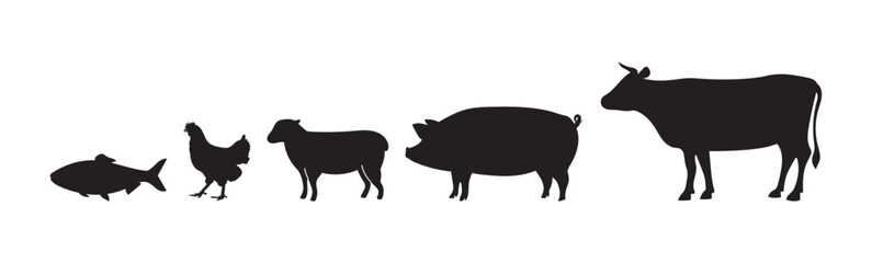 animal in farm pig goat chicken duck cow silhouette