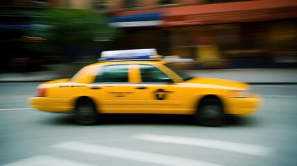 Yellow taxi cab in motion against a bustling urban street capturing the vibrant energy of city transportation