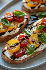 Bruschetta topped with vibrant red and yellow tomatoes, creamy cheese, and fresh basil is artfully arranged on a plate, inviting enjoyment in a relaxing setting