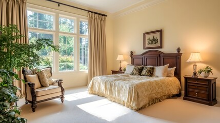 Fototapeta premium Bright and Cozy Traditional Bedroom with Elegant Furnishings and Decor