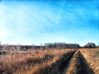 A serene dirt path leading through golden grasslands under a clear blue sky in a peaceful rural landscape