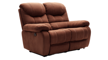 Sillón reclinable de dos plazas color marrón sobre fondo blanco