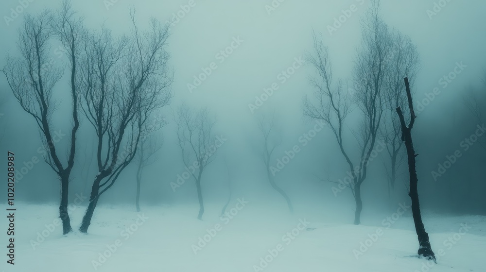 Wall mural Eerie Winter Forest Scene with Leafless Trees and Fog