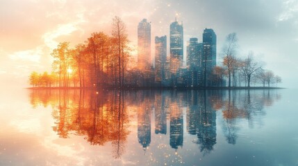 Fototapeta premium Serene cityscape with reflections and autumn foliage at sunset.