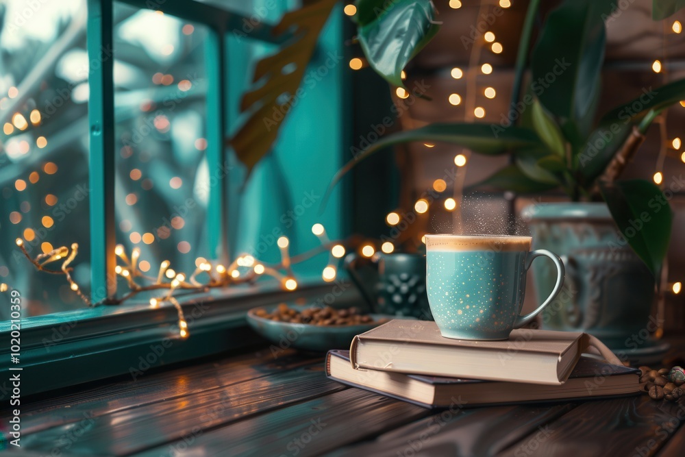 Poster a steaming cup of coffee sits on stacked books, surrounded by warm light and greenery, creating a co