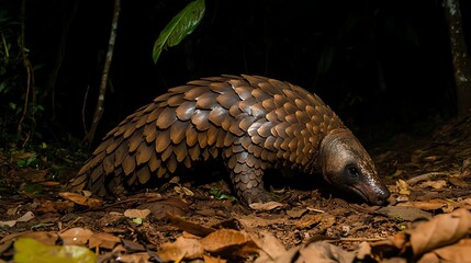 Obraz premium A pangolin foraging on the forest floor at night among fallen leaves.