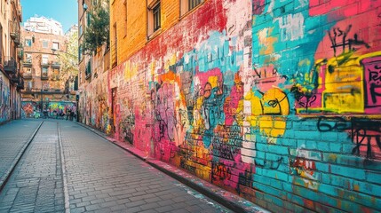 Obraz premium A narrow street lined with colorful graffiti art in a city.