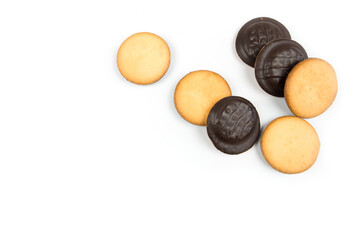 chocolate biscuit cookies with orange jam isolated on white background