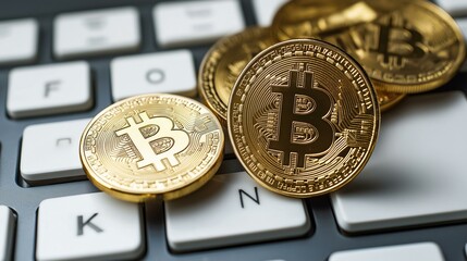 Bitcoin Coins on White Keyboard Representing Cryptocurrency and Digital Finance Concepts