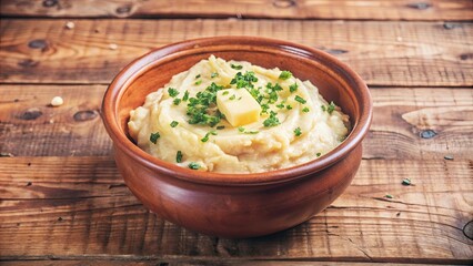 A Rustic Wooden Bowl Filled with Creamy Mashed Potatoes Topped with a Pat of Butter and a Sprinkle of Fresh Herbs