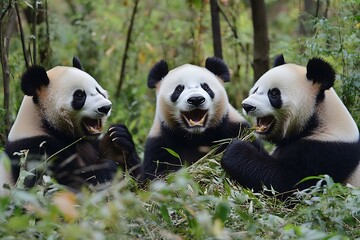 Obraz premium Three giant pandas playfully interacting in a lush green environment.