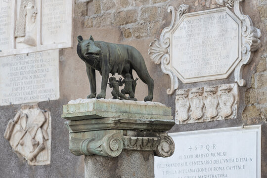 Shewolf sculpture. Founders of Rome landmark. Luperca legend. Italy