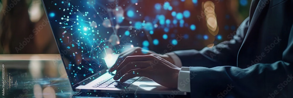 Aufkleber A professional focuses on data protection measures within a cyber security network while using a laptop in an office setting. Generative AI