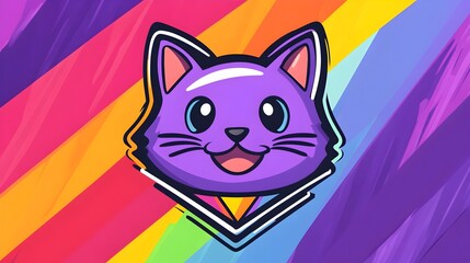 Vibrant Purple Cat Mascot Logo in Geometric Triangle with Rainbow Stripes