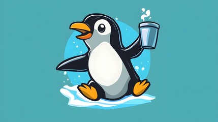 Obraz premium Cheerful Penguin Mascot Jumping and Holding a Beverage Cup