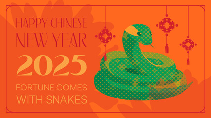 Happy chinese 2025 new year website banner in orange, green, red and yellow colors, with a cute kind snake, text, chrysanthemums and folklore decorations. Editable vector illustration.