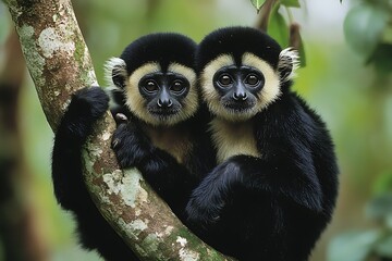 Obraz premium Two gibbons perched on a tree branch, showcasing their playful and social nature.