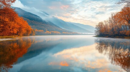Obraz premium Tranquil autumn scene with a river reflecting the colorful sky and mountains.