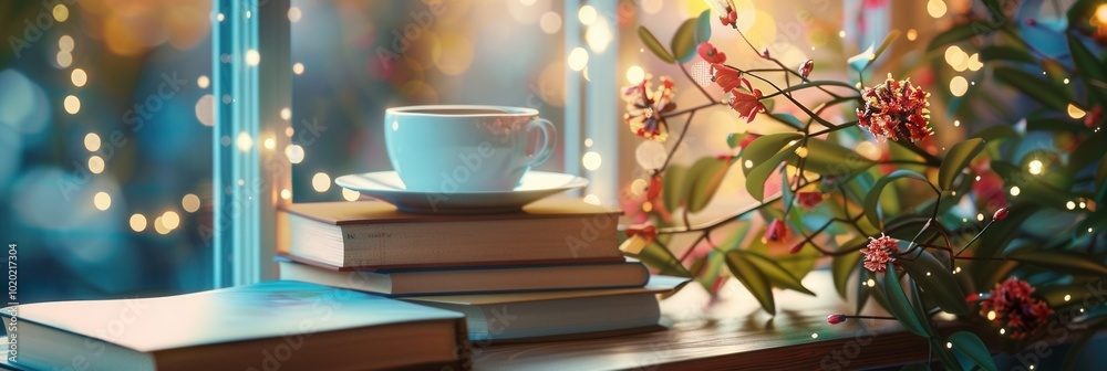 Poster A stack of books and a warm cup of coffee create a comforting atmosphere, perfect for enjoying quiet reading moments by the window. Generative AI