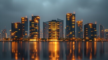 Obraz premium A stunning urban skyline illuminated at night, reflecting on the calm waters beneath a moody sky. Generative AI