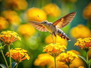 Fototapeta premium Taubenschwänzchen on Golden Yellow Wallflowers - Nature's Beauty Captured