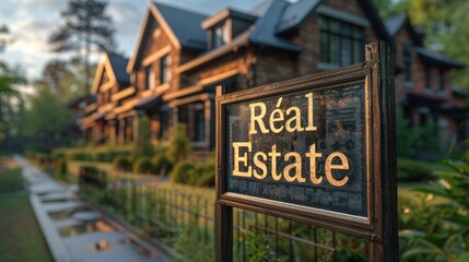 Obraz premium A charming real estate sign in a picturesque neighborhood during the golden hour on a tranquil evening. Generative AI