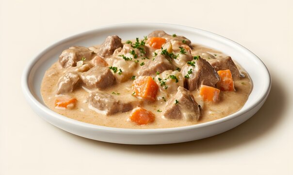 A plate of blanquette de veau, a creamy veal stew, Generative AI