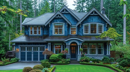 A charming blue house nestled in a lush forest landscape, showcasing its beauty in the daylight. Generative AI