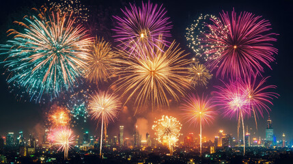 Spectacular fireworks display over city skyline celebrating New Year's Eve night