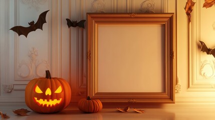Obraz premium Halloween imagery with empty frame carved pumpkin skull and bats on wall