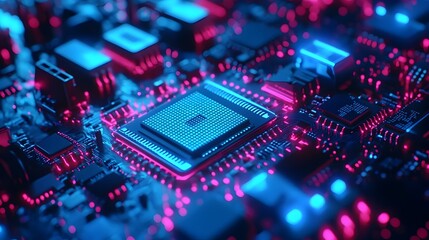 Obraz premium Futuristic Data Analysis from Glowing Microchip in Neon Blue Depth of Field Background